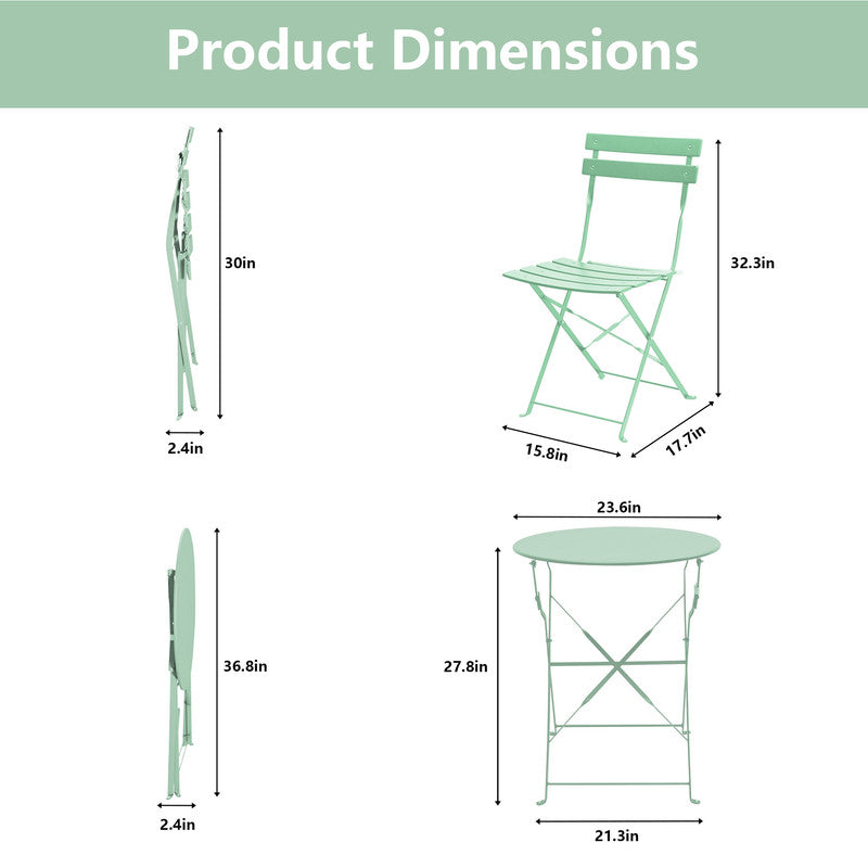 Yardgrace 3-Piece Folding Patio Bistro Set, Small Metal Outdoor Table and 2 Chairs Set, Weather-Resistant Balcony Furniture, No Assembly Required