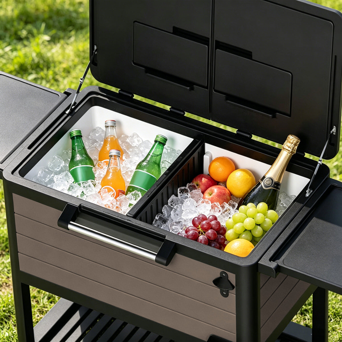 Close-up view of insulated cooler cart interior holding beverages and ice for outdoor events