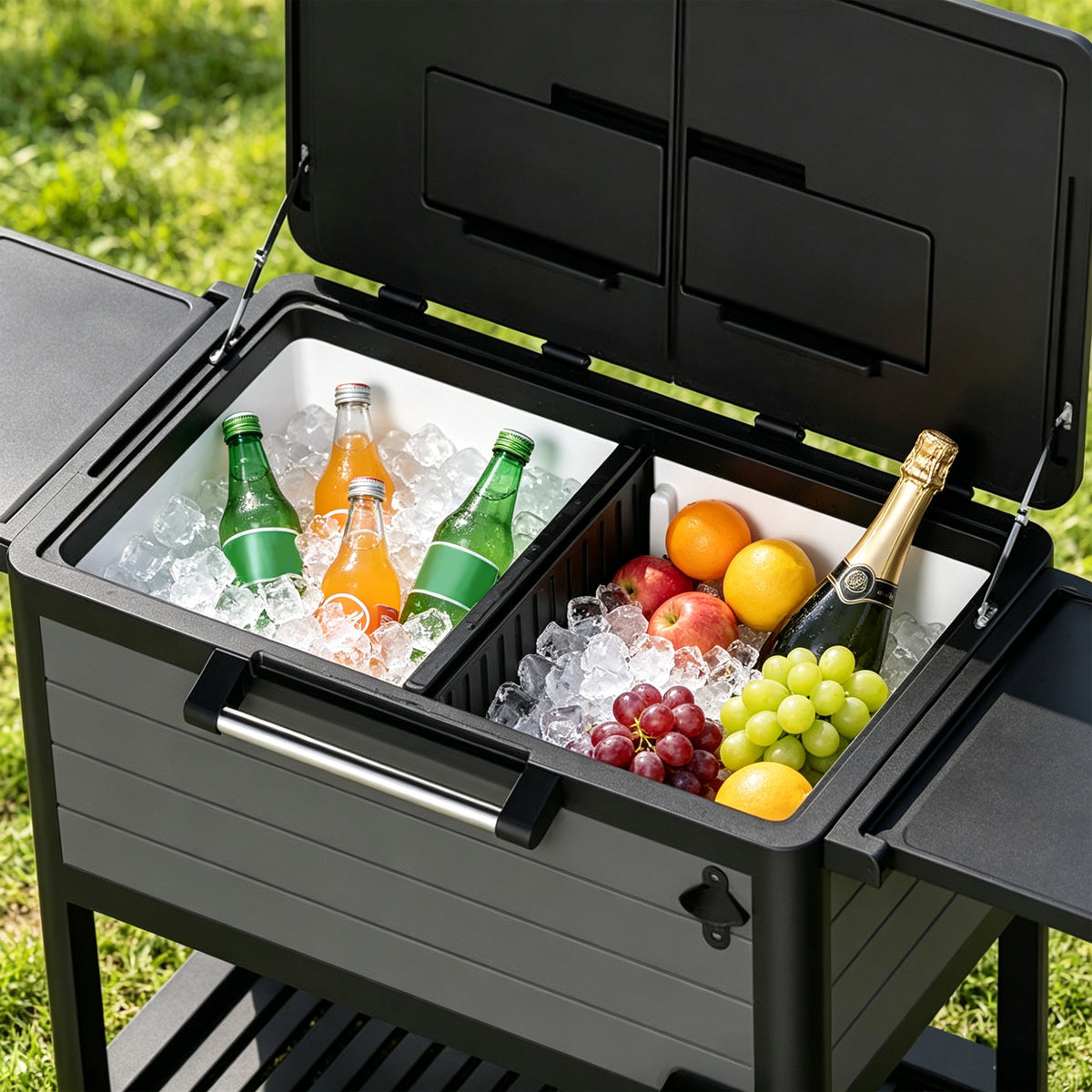 Large capacity rolling cooler cart with divided ice storage area for bottles, cans, and fresh refreshments