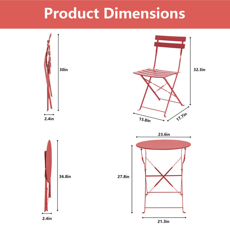 Yardgrace 3-Piece Folding Patio Bistro Set, Small Metal Outdoor Table and 2 Chairs Set, Weather-Resistant Balcony Furniture, No Assembly Required