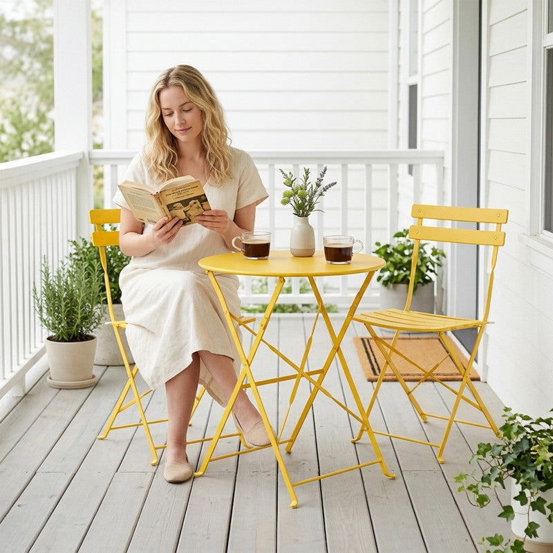 Yardgrace 3-Piece Folding Patio Bistro Set, Small Metal Outdoor Table and 2 Chairs Set, Weather-Resistant Balcony Furniture, No Assembly Required
