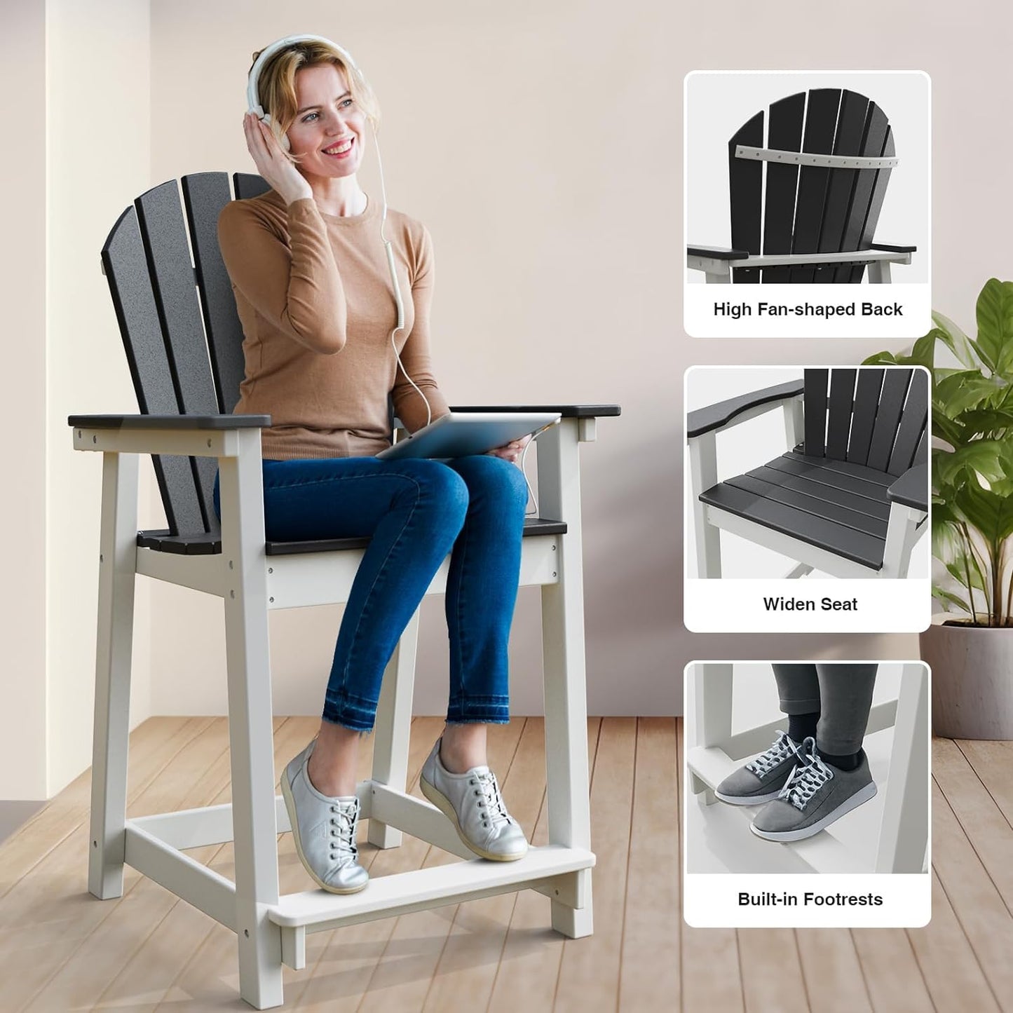Outdoor Tall Adirondack Chairs, HDPE Weather Resistant Outdoor Balcony Patio Bar Stool Chair with Widened Arms, High Back, Footrest All-Weather Bar Chair for Garden, Yard, Backyard, Capacity 400lbs