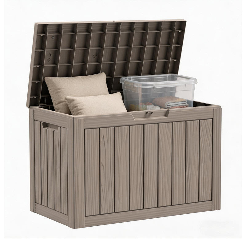 50 gallon light brown resin outdoor storage deck box for patio, garden and backyard organization