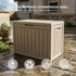 50 gallon light brown resin deck box with lid, compact outdoor storage box for patio and garden