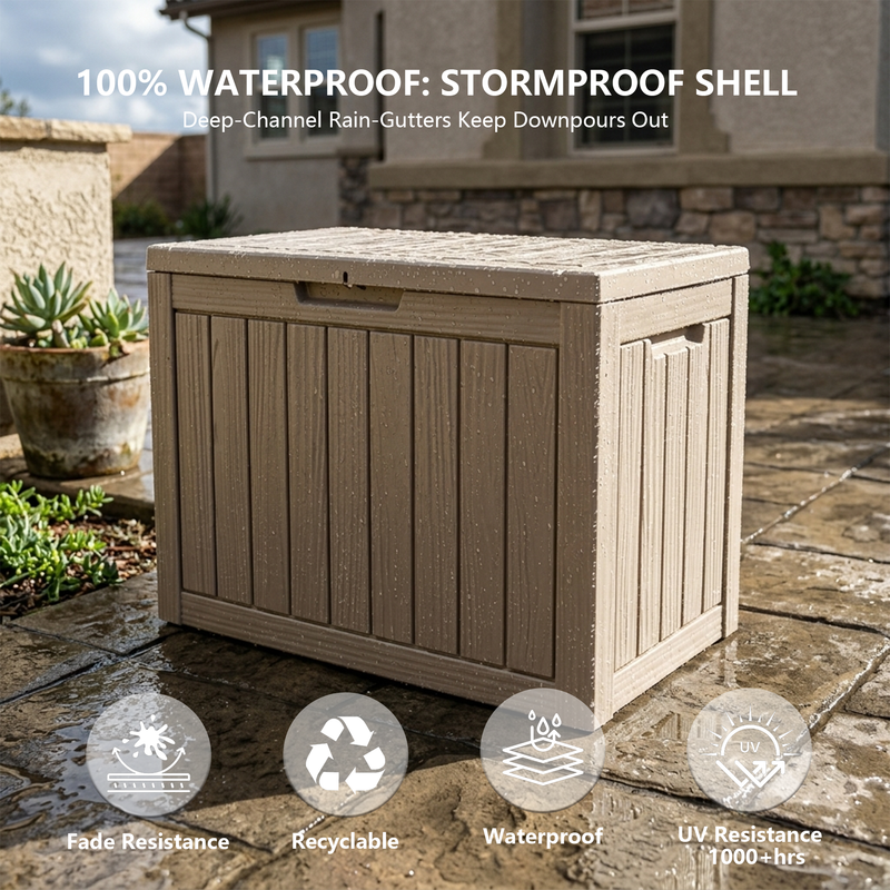 50 gallon light brown resin deck box with lid, compact outdoor storage box for patio and garden