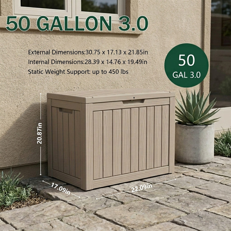 50 gallon light brown waterproof outdoor storage deck box with stormproof resin shell design