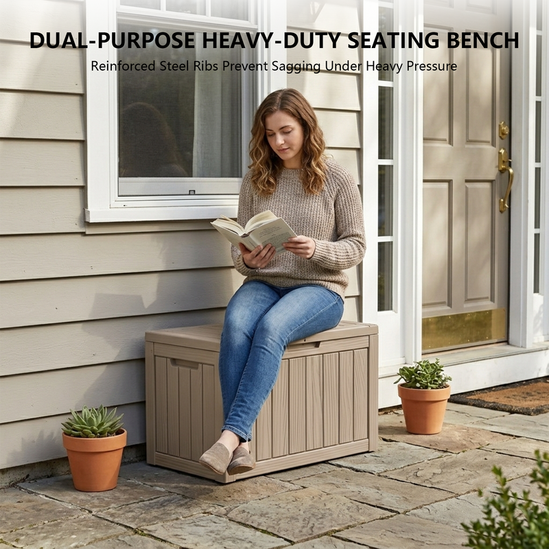 50 gallon light brown outdoor storage box dimensions with resin deck box specification details