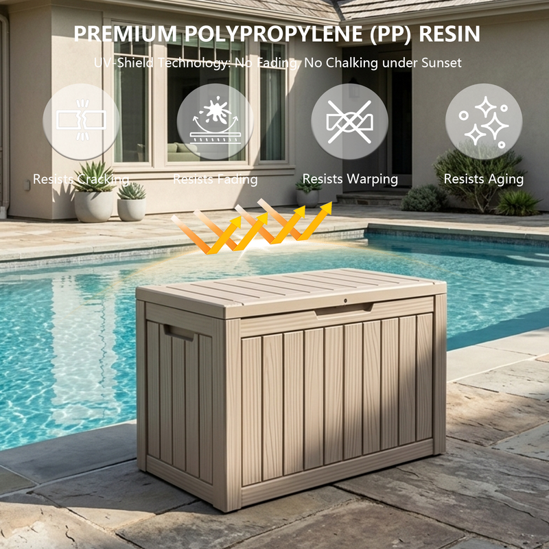 50 gallon light brown outdoor storage bench box with reinforced seat lid for patio seating