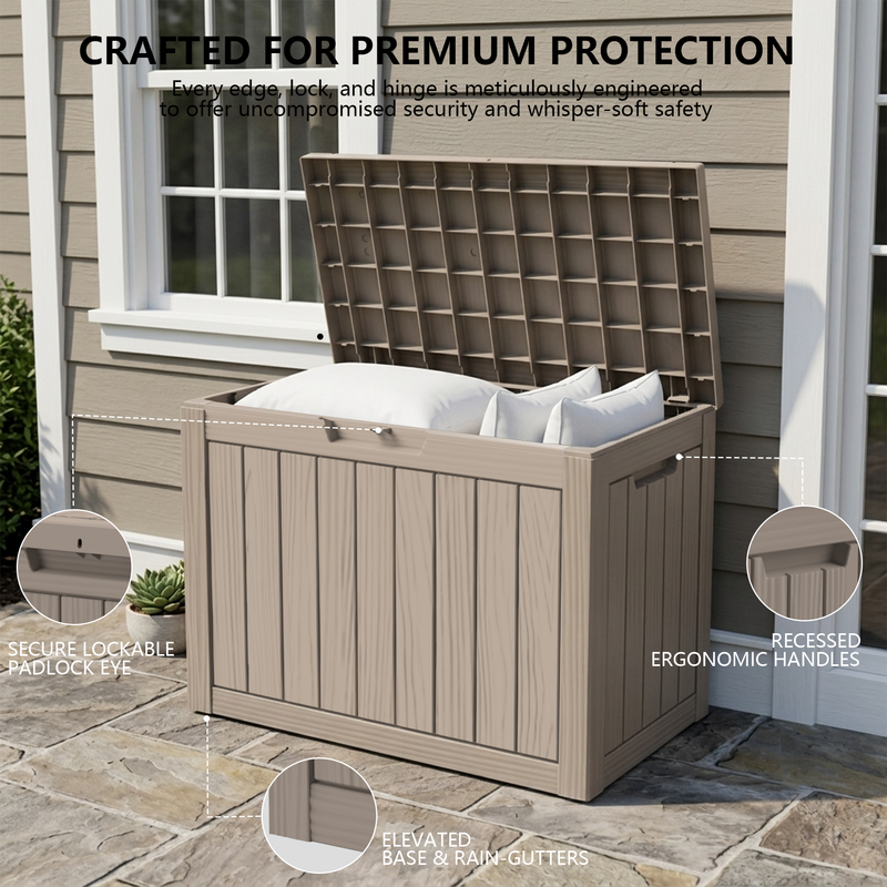 50 gallon light brown outdoor storage bench box with reinforced seat lid for patio seating