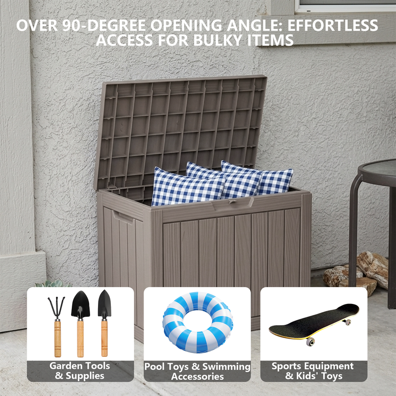 50 gallon light brown polypropylene resin deck box with waterproof and UV resistant features