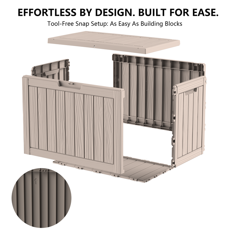 50 gallon light brown outdoor storage box with soft close hydraulic struts and lockable lid