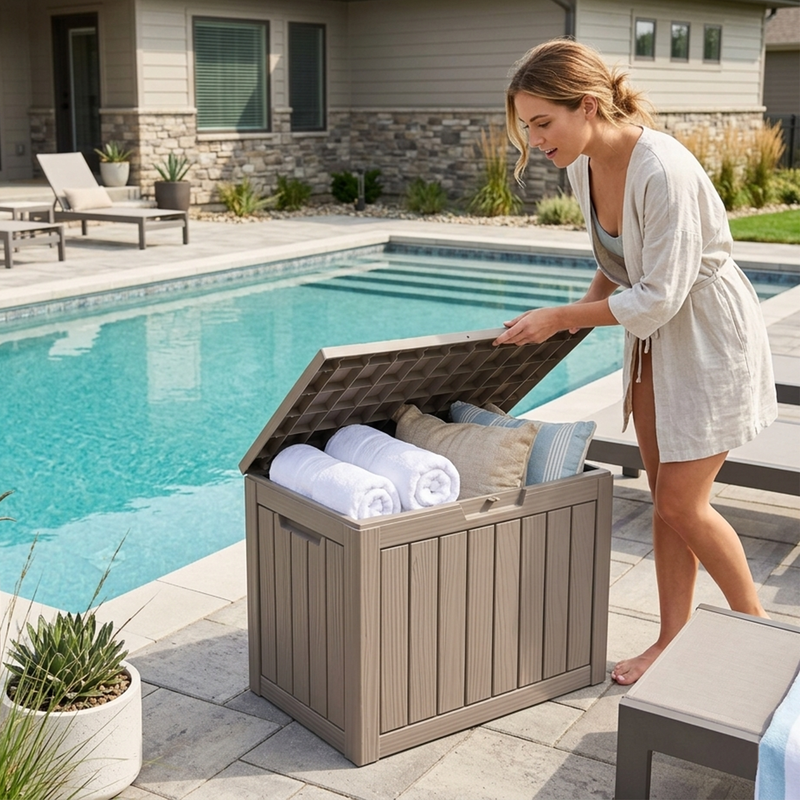 50 gallon light brown resin deck box with over 90 degree opening lid for cushions and outdoor supplies