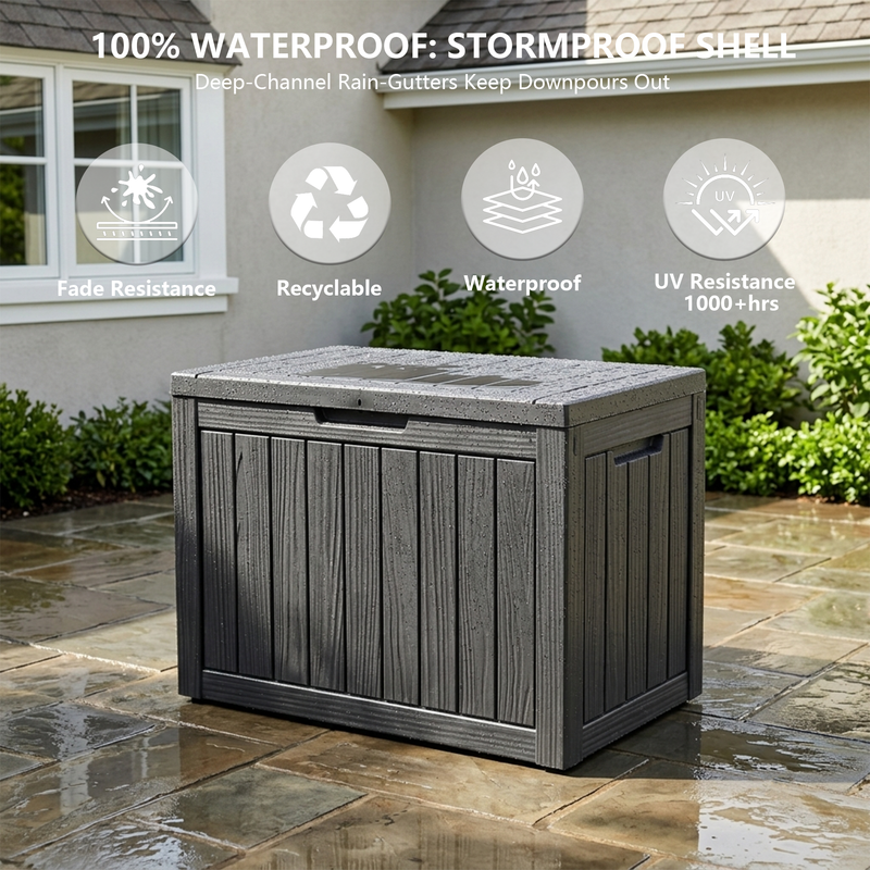 50 gallon black resin deck box with lid, compact outdoor storage container for patio and backyard