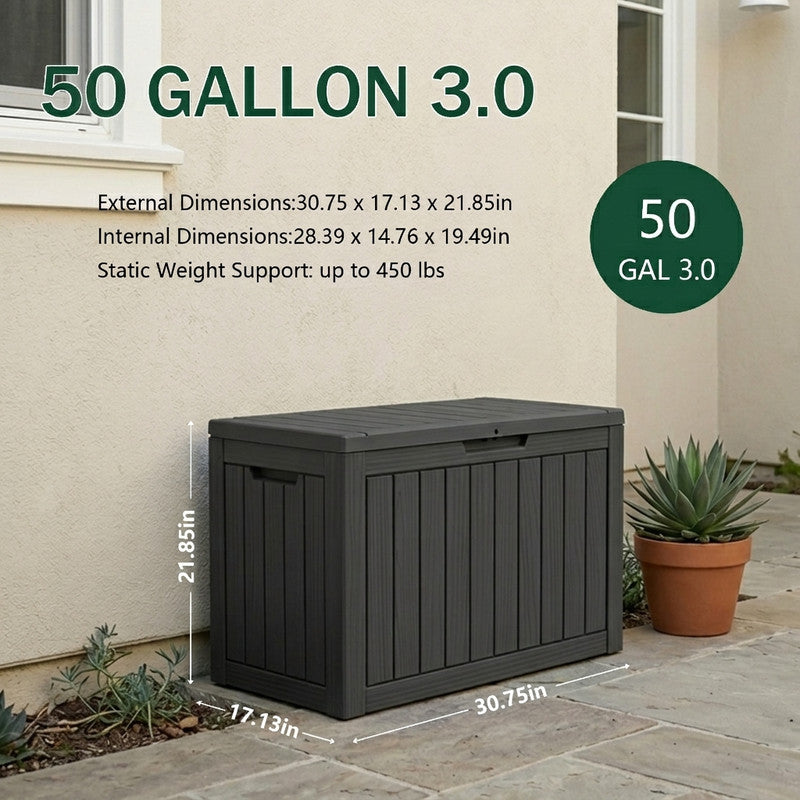 50 gallon black waterproof outdoor storage deck box with stormproof resin shell construction