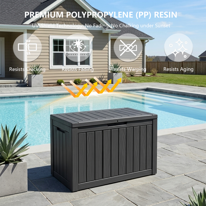 50 gallon black outdoor storage box dimensions with resin deck box specification details