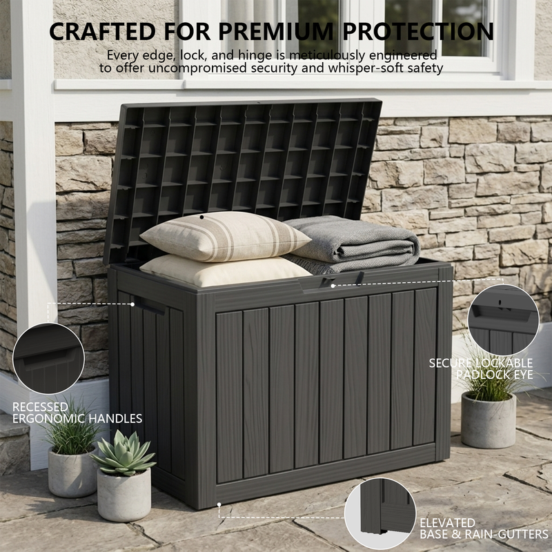 50 gallon black outdoor storage bench box with reinforced seat lid for patio seating and storage