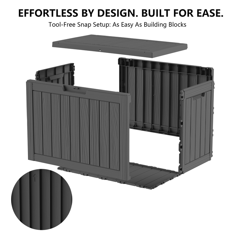 50 gallon black outdoor storage box with soft close hydraulic struts and secure lockable lid