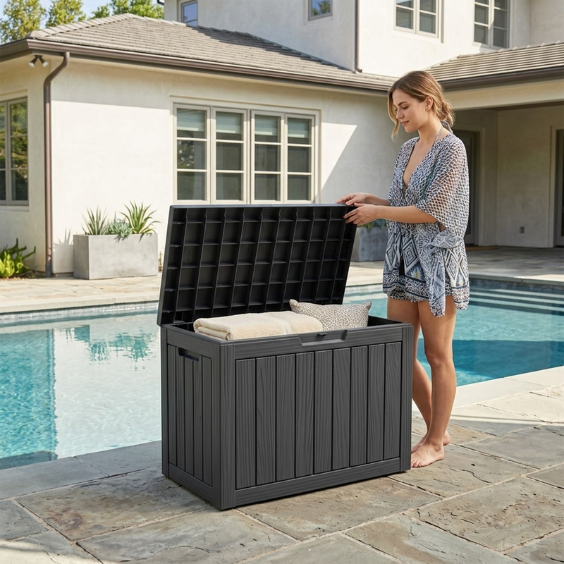 50 gallon black resin deck box with over 90 degree opening lid for garden tools and outdoor items