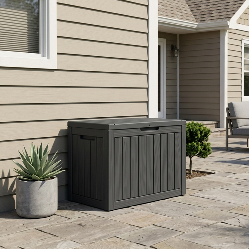 50 gallon black outdoor storage deck box placed against house wall for backyard organization