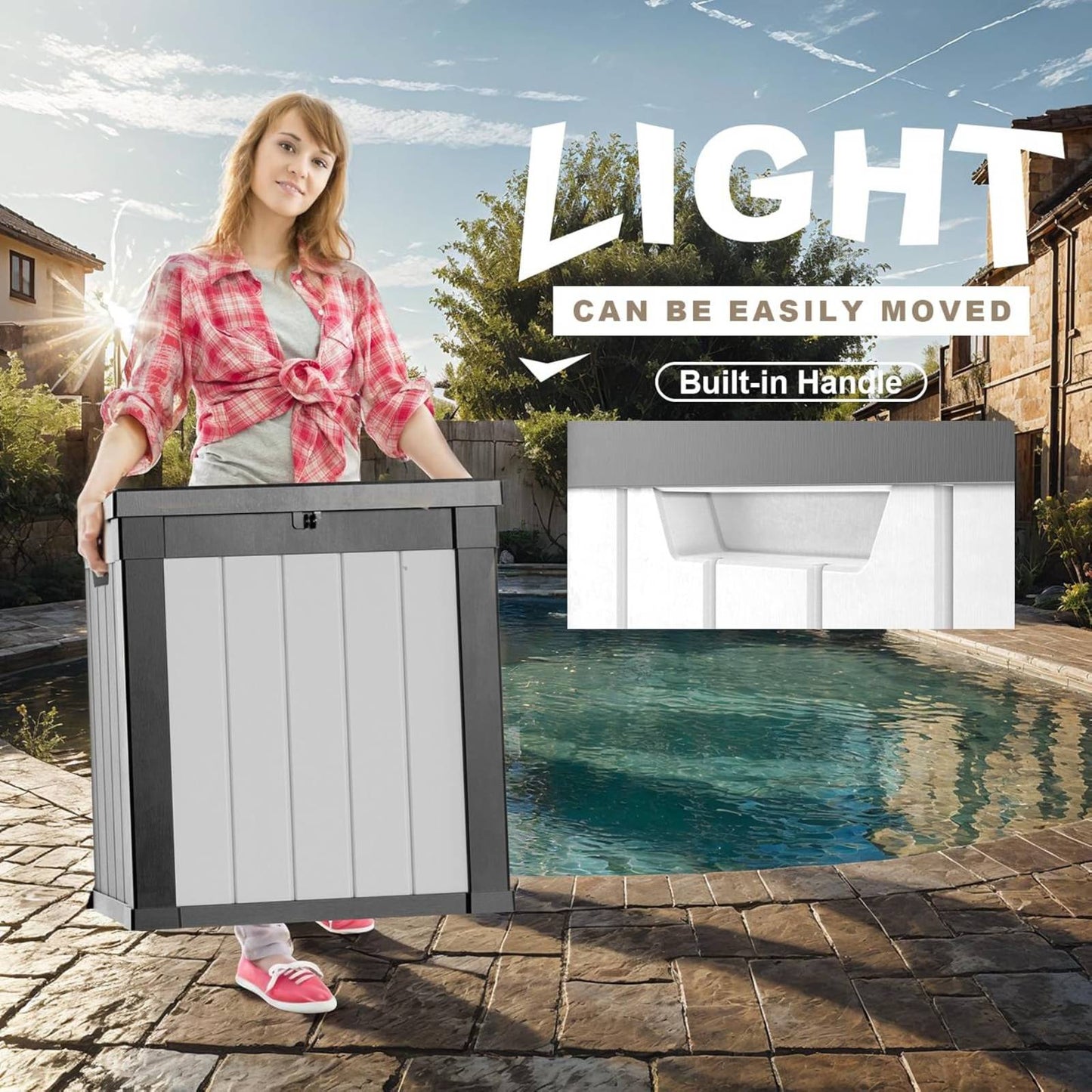 50 Gallon Outdoor Storage Box, Resin Deck Box, Waterproof , Lockable, UV-Resistant, Black & White