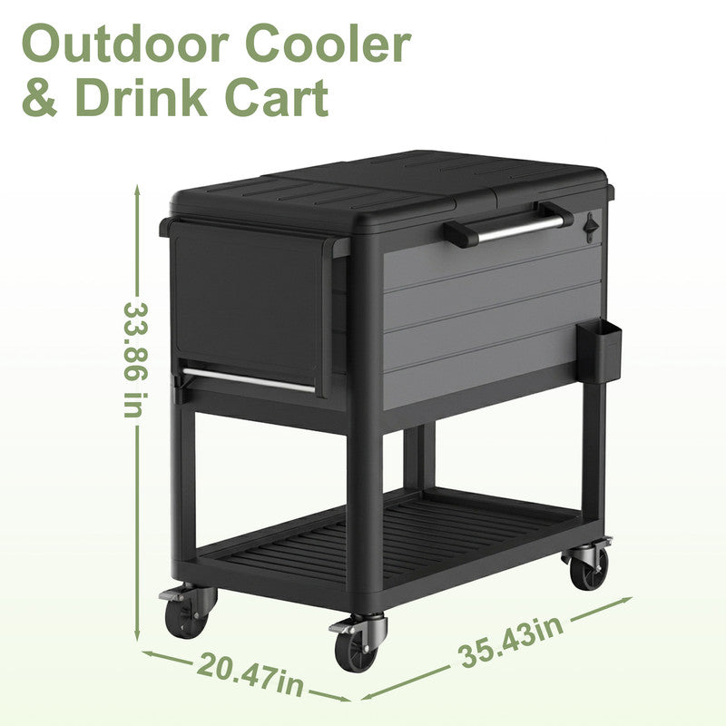 Gray 104 Qt rolling cooler cart size guide showing height, width, and depth measurements
