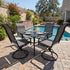 Square patio table with four Textilene chairs on a deck