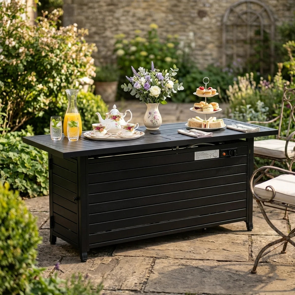 Yardgrace 57" Propane Fire Pit Table, 50,000 BTU Rectangular Outdoor Gas Firepit with Flush Lid, Hammered Black Louvered Base for Patio Furniture
