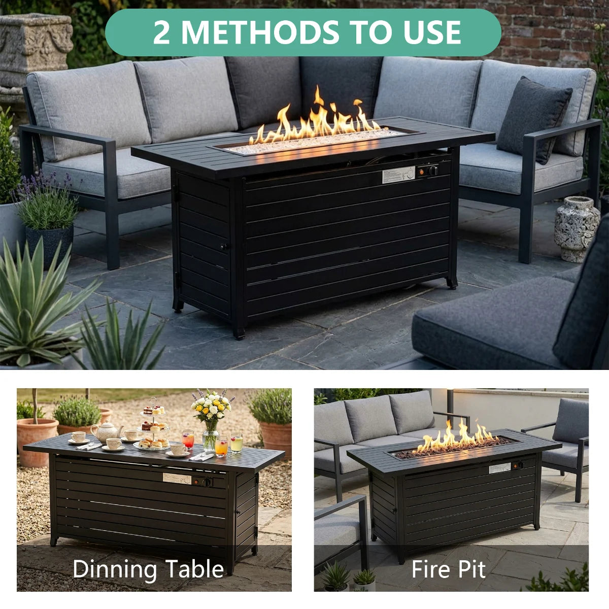 Yardgrace 57" Propane Fire Pit Table, 50,000 BTU Rectangular Outdoor Gas Firepit with Flush Lid, Hammered Black Louvered Base for Patio Furniture