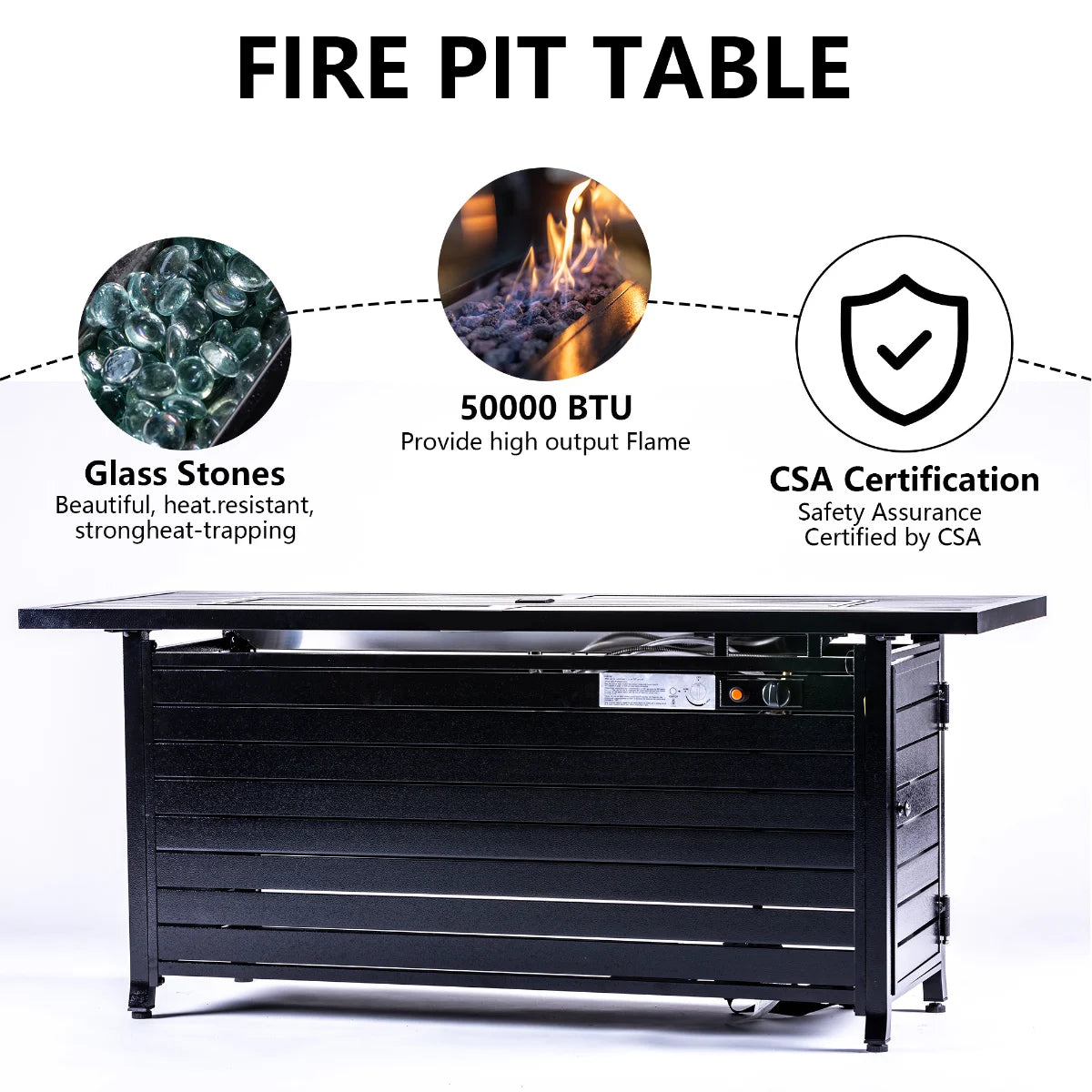 Yardgrace 57" Propane Fire Pit Table, 50,000 BTU Rectangular Outdoor Gas Firepit with Flush Lid, Hammered Black Louvered Base for Patio Furniture