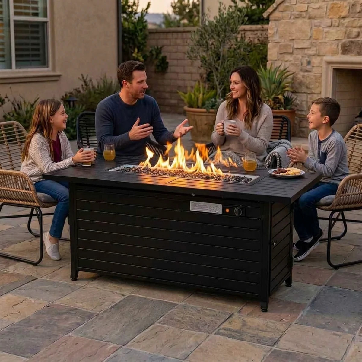 Yardgrace 57" Propane Fire Pit Table, 50,000 BTU Rectangular Outdoor Gas Firepit with Flush Lid, Hammered Black Louvered Base for Patio Furniture