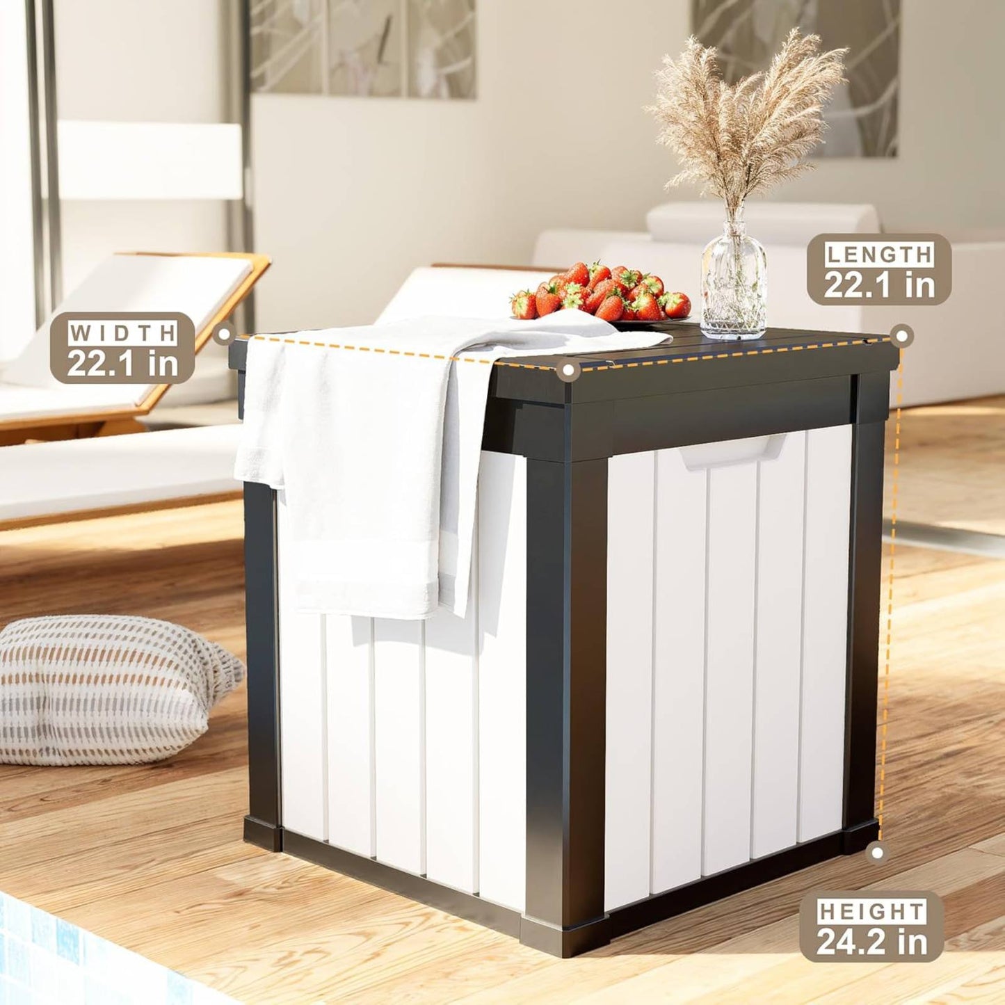 50 Gallon Outdoor Storage Box, Resin Deck Box, Waterproof , Lockable, UV-Resistant, Black & White