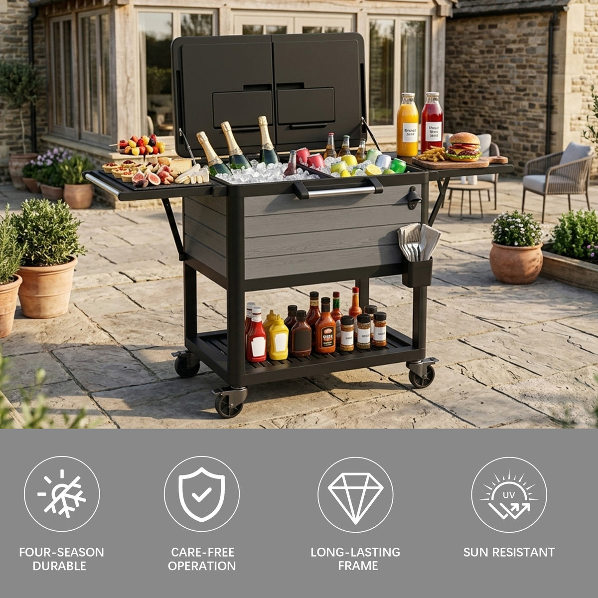 Brown outdoor cooler cart with foldable shelves, bottle opener, cap catcher, towel bar, and rolling wheels