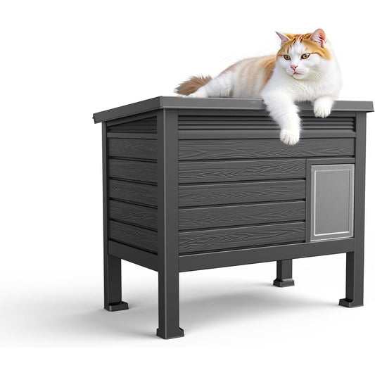 Yardgrace Outdoor Cat House,Weatherproof Feral Cat Shelter with Raised Floor,Warm,PP Material,Outdoor Feral Cat House for Cats and Small Animals,with Door,Easy to Assemble (Black, Large)