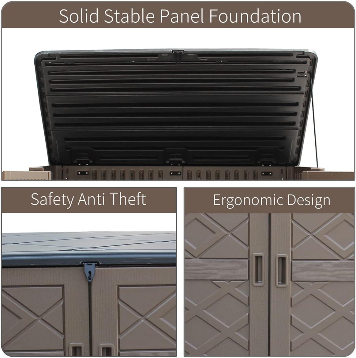 brown outdoor storage shed with front double doors for garden gear