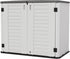 white bike storage shed with front double doors for backyard equipment