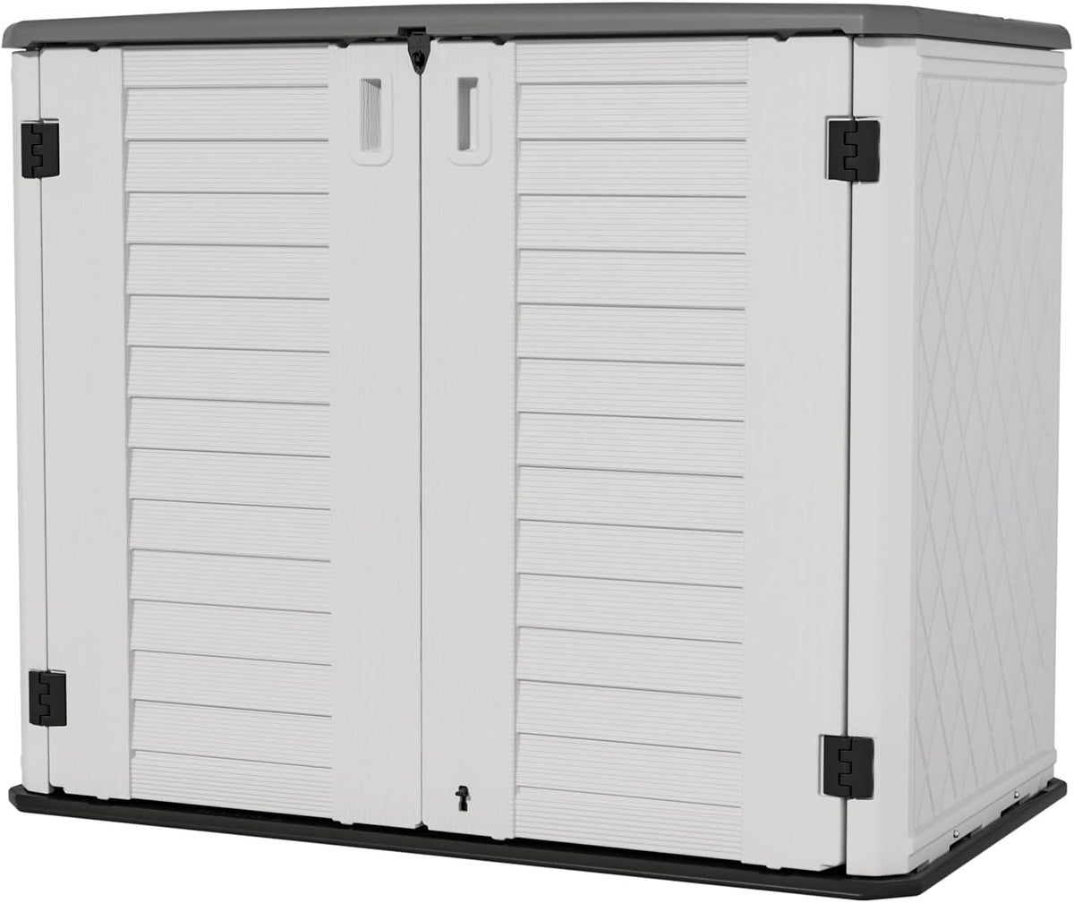 white bike storage shed with front double doors for backyard equipment