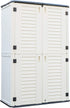 white outdoor storage shed for garden tools with four front doors