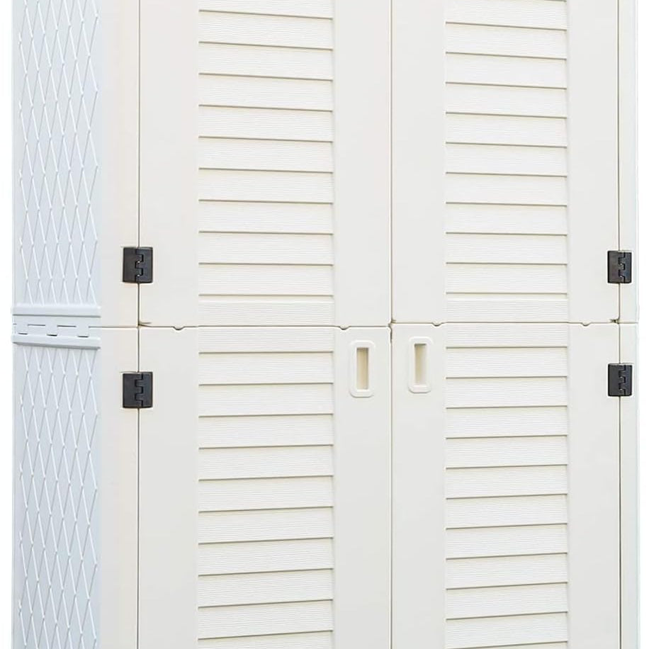 white outdoor storage shed for garden tools with four front doors