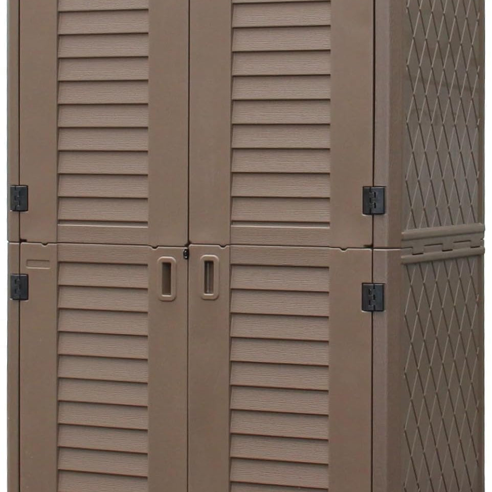 brown resin outdoor storage shed for garden tools and patio supplies