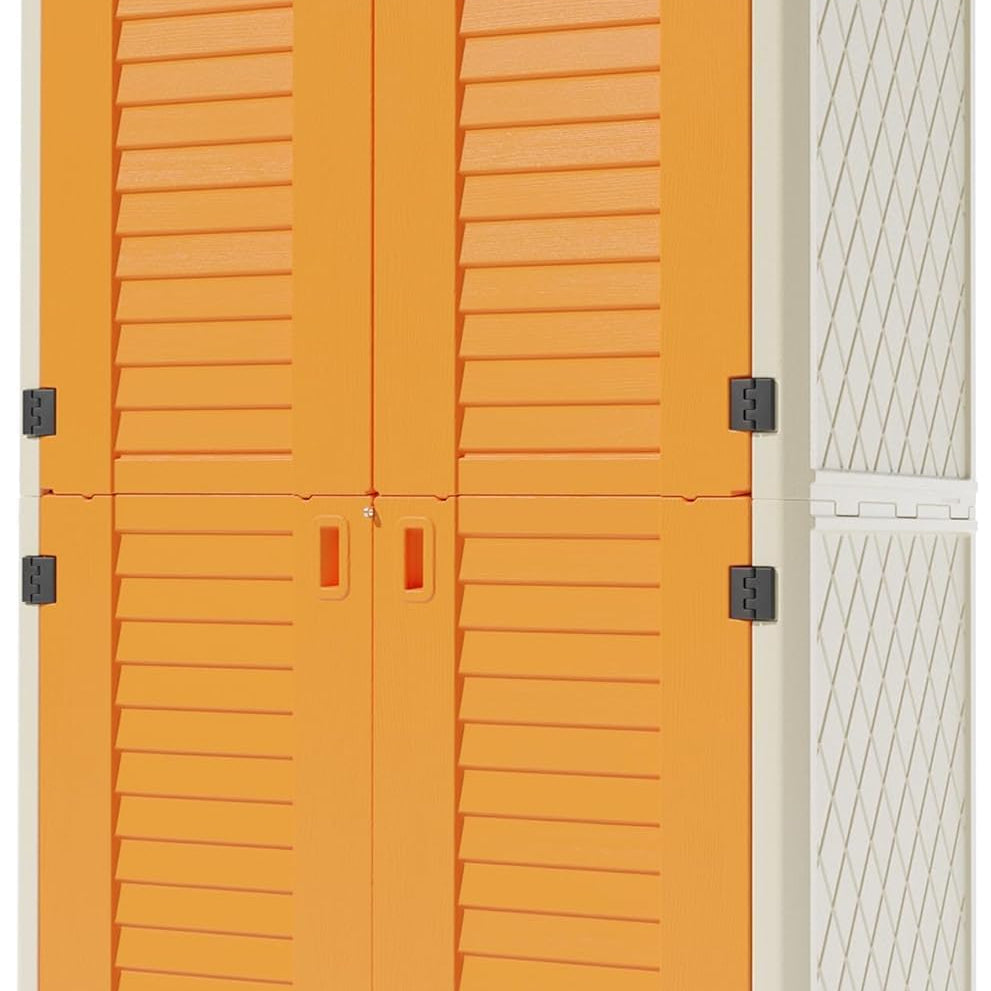orange and white outdoor storage cabinet for garden tools and patio supplies