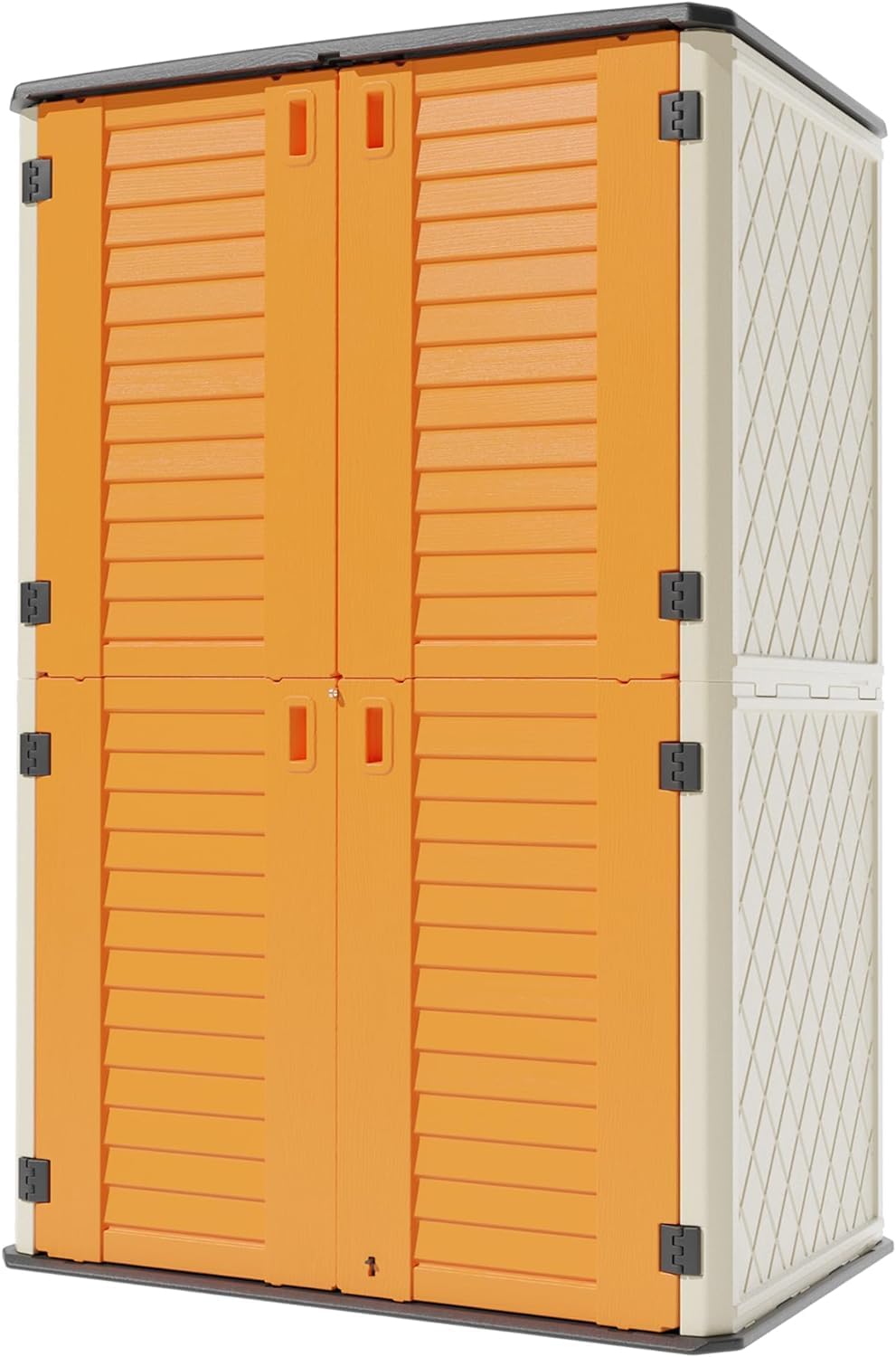 orange and white outdoor storage cabinet for garden tools and patio supplies