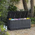 black 150 gallon resin deck box for patio and deck storage