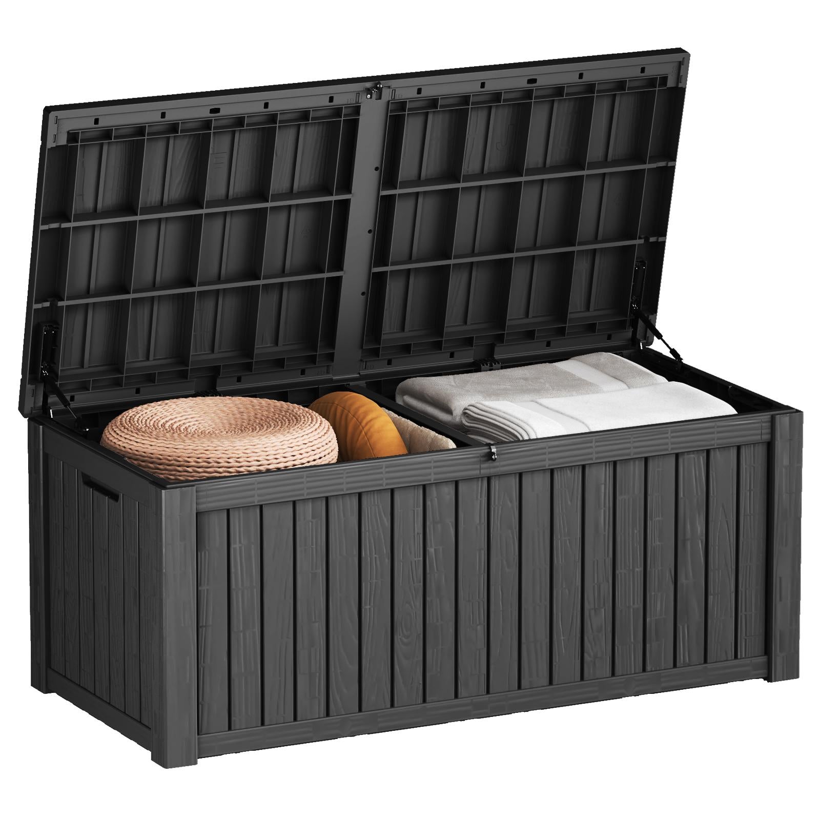 150 gallon resin deck box with large interior for patio cushion storage