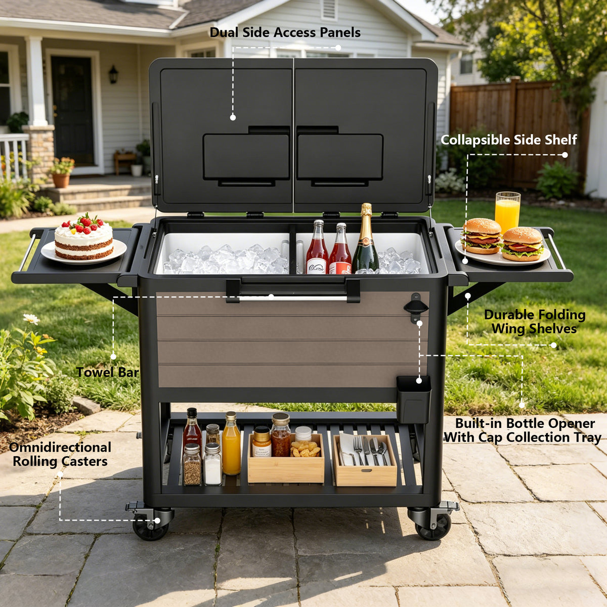 Outdoor cooler cart featuring foldable side shelves, dual lid access panels, built-in bottle opener, cap catcher, and towel bar
