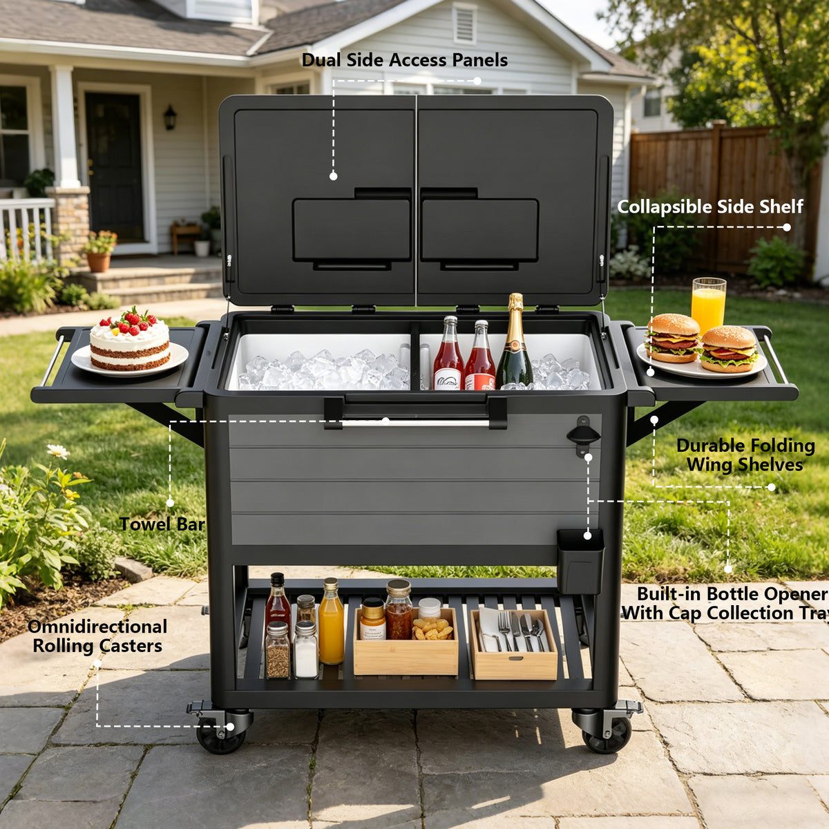 Brown Yardgrace rolling ice chest cooler cart with outdoor beverage storage and serving shelves on patio