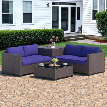 Yardgrace 4-Piece Wicker Patio Furniture Set, Sectional Sofa with Glass Coffee Table & Large Storage Box, Couch, Outdoor Conversation Set with Thick Blue Cushions
