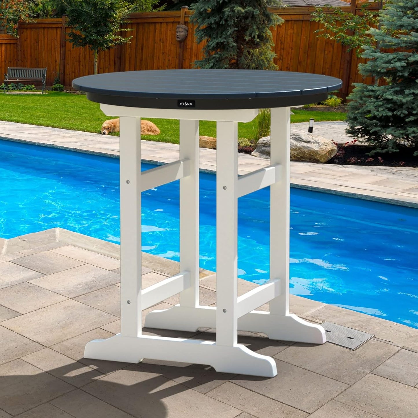 Outdoor Bar Table, 35 Inch Round Side Table, All Weather Counter Height Table with Built-in Footrest, for Backyard, Garden, Indoor Outdoor Companion
