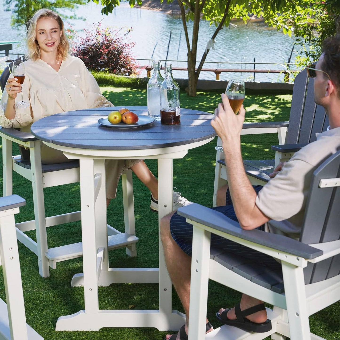 Outdoor Bar Table, 35 Inch Round Side Table, All Weather Counter Height Table with Built-in Footrest, for Backyard, Garden, Indoor Outdoor Companion
