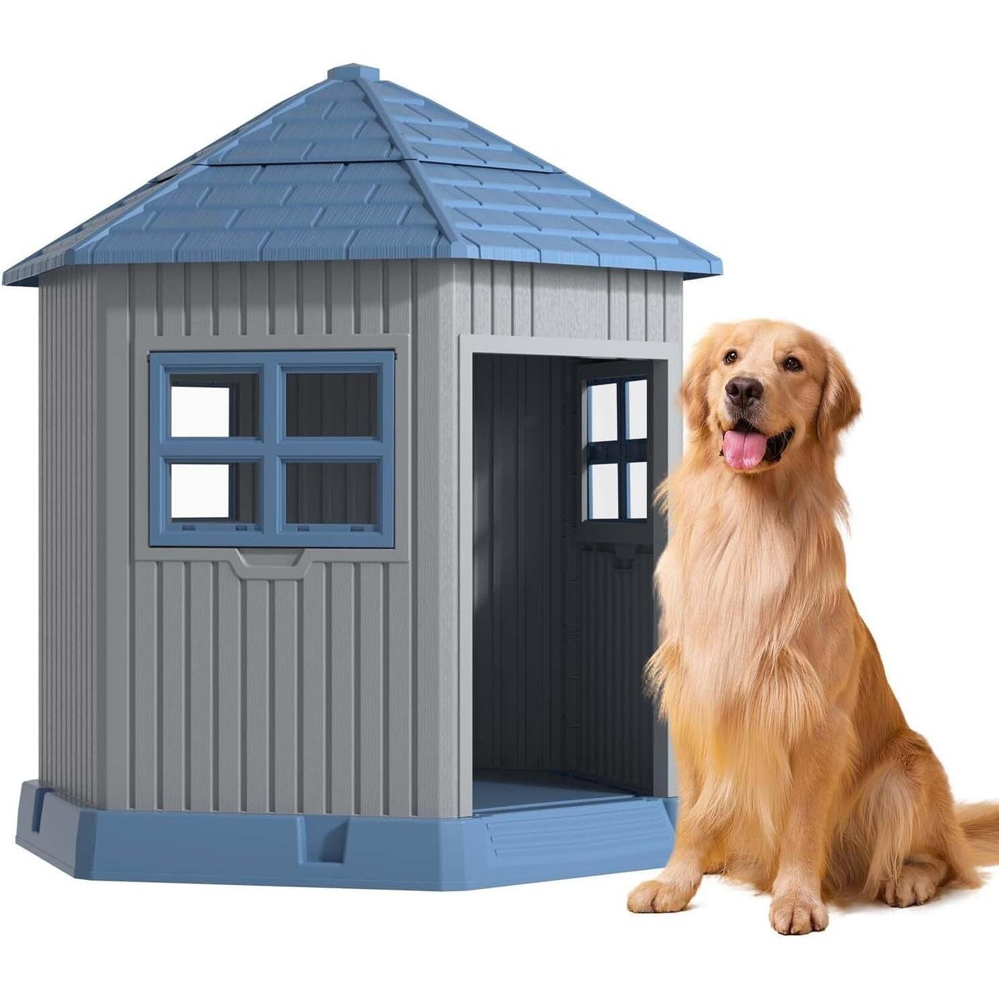 Medium Square Dog House, Weatherproof Plastic Kennel with Raised Floor & Ventilation, Indoor/Outdoor Shelter for Small to Medium Dogs (31.2''x33.7''x32.5'')
