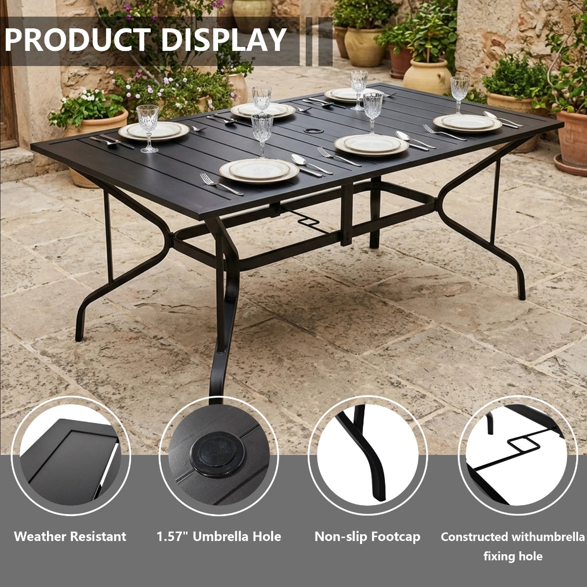 59-Inch Rectangular Metal Outdoor Dining Table for 6
